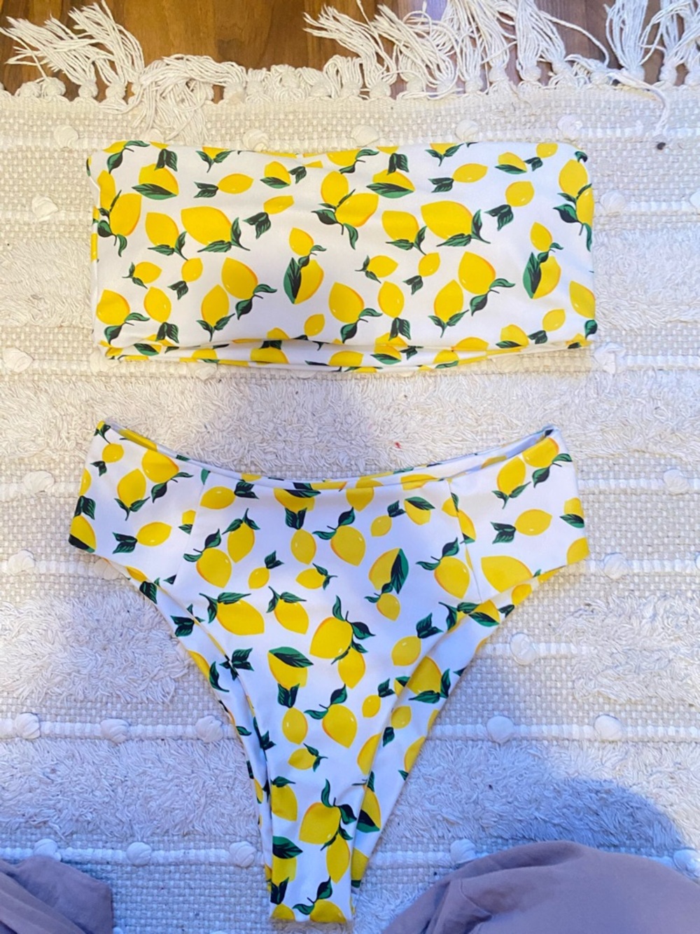 Lemon Print Bandeau Bikini Set - Yellow & White